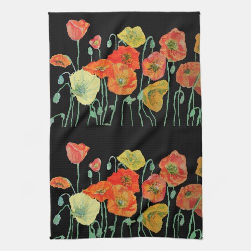 Orange and Black Poppies Watercolour Tea Towel