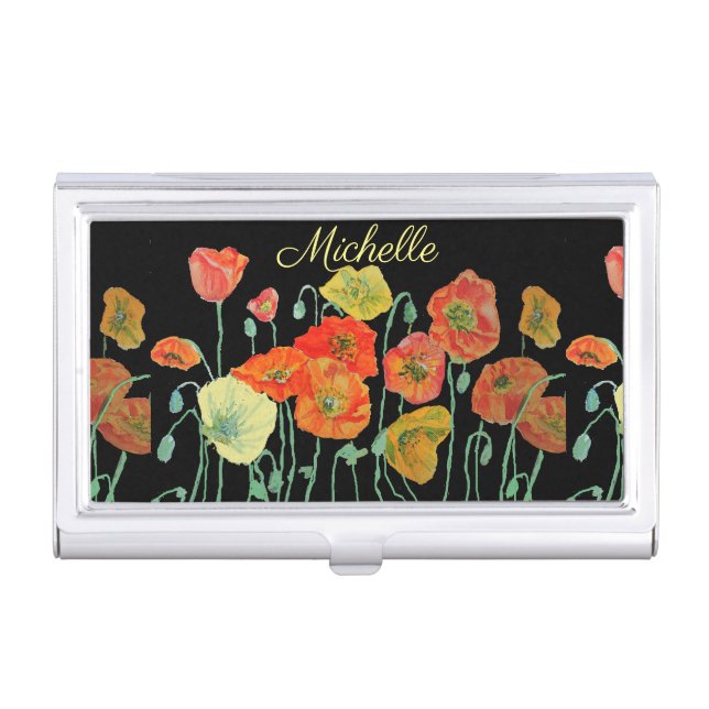 Orange and Black Poppies Womens Gifts  Trifold Wal Business Card Case (Front)