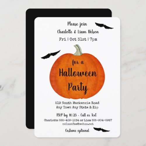 Orange and Black Pumpkin and Bats Halloween Party Invitation