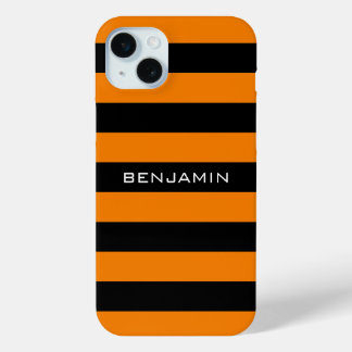Orange and Black Rugby Stripes with Custom Name iPhone 15 Plus Case