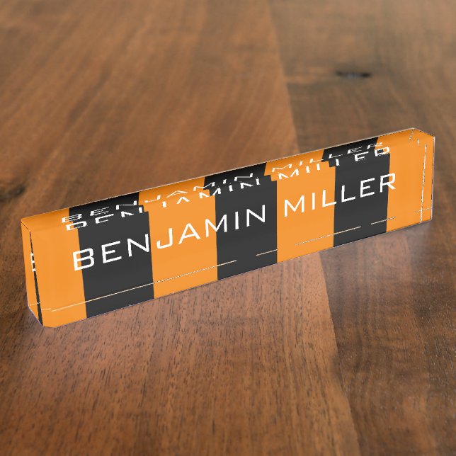 Orange and Black Rugby Stripes with Custom Name Desk Name Plate (Side)