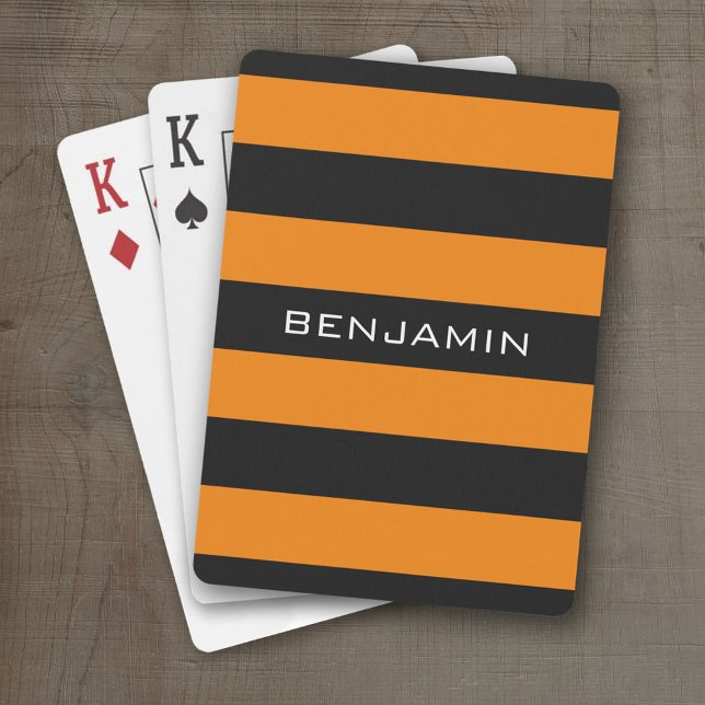 Orange and Black Rugby Stripes with Custom Name Poker Cards (Personalized Playing Cards)