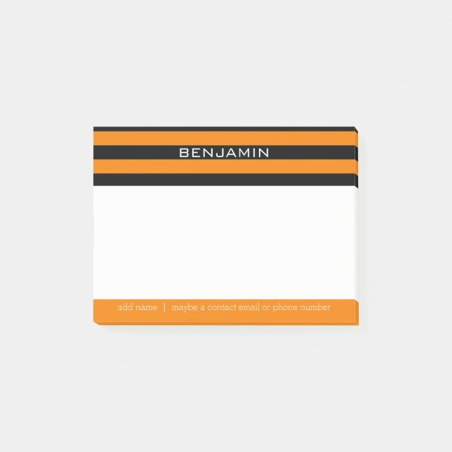 Orange and Black Rugby Stripes with Custom Name Post-it Notes (Front)