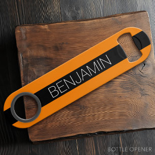 Orange and Black Rugby Stripes with Custom Name Speed Bottle Opener