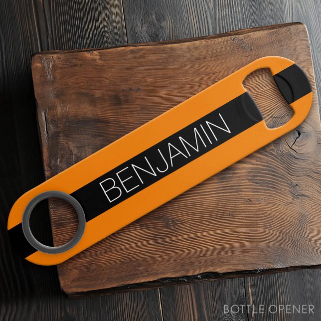 Orange and Black Rugby Stripes with Custom Name Speed Bottle Opener (Custom Bar Key)