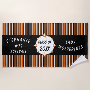 Orange and Black School Graduation Personalized Beach Towel