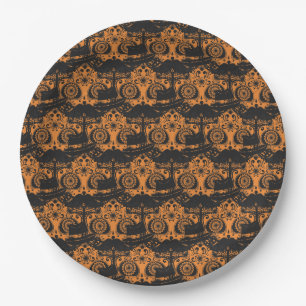 Orange and Black Skull Halloween party Paper Plates