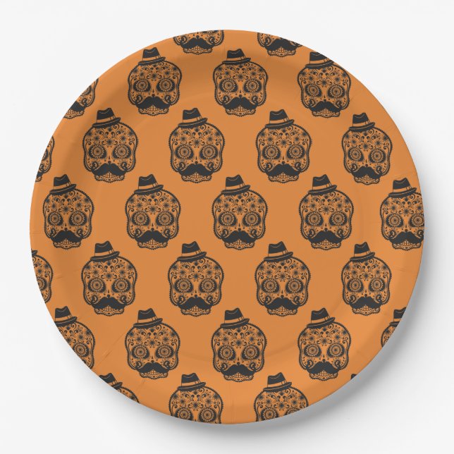 Orange and Black Skull Halloween party Paper Plates (Front)
