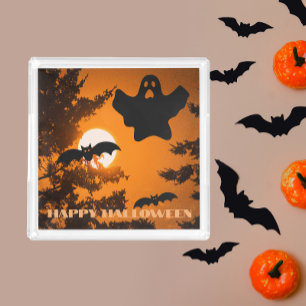 Orange and Black Spooky Hallween Night Scene Acrylic Tray