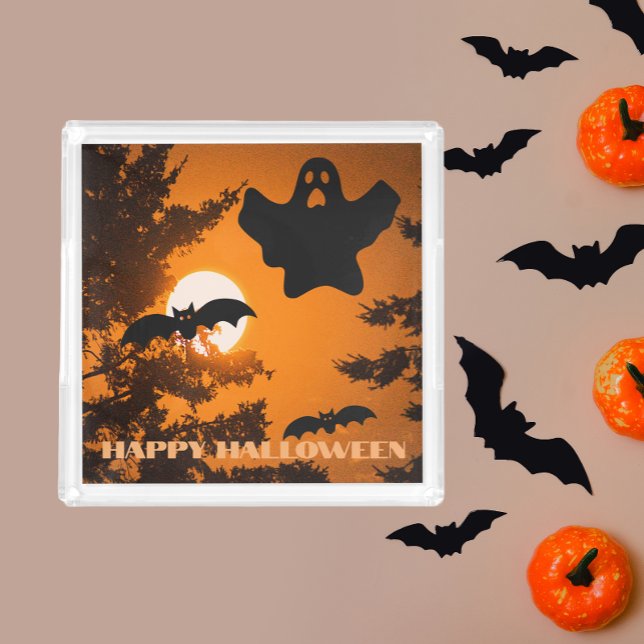 Orange and Black Spooky Hallween Night Scene Acrylic Tray (In Situ)