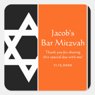 Orange and Black Star of David Bar Mitzvah Favor Square Sticker