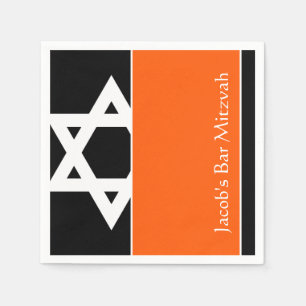 Orange and Black Star of David Bar Mitzvah Napkins