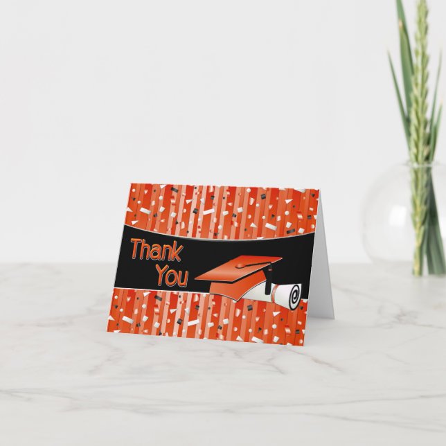 Orange and Black Stripe Confetti Graduation Thank You Card (Front)
