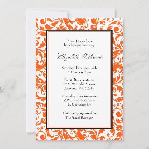 Orange and Black Swirl Damask Bridal Shower Custom Invitation