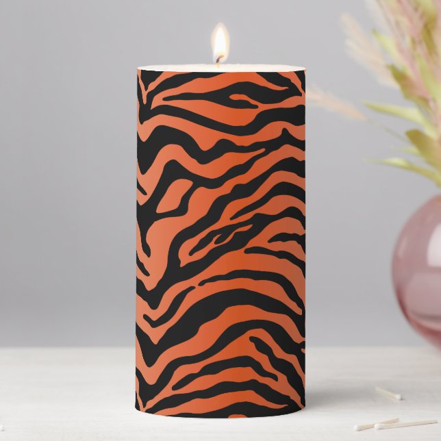 Orange and black tiger stripe pillar candle (In Situ)