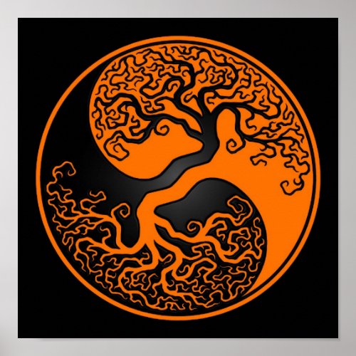Orange and Black Tree of Life Yin Yang Poster