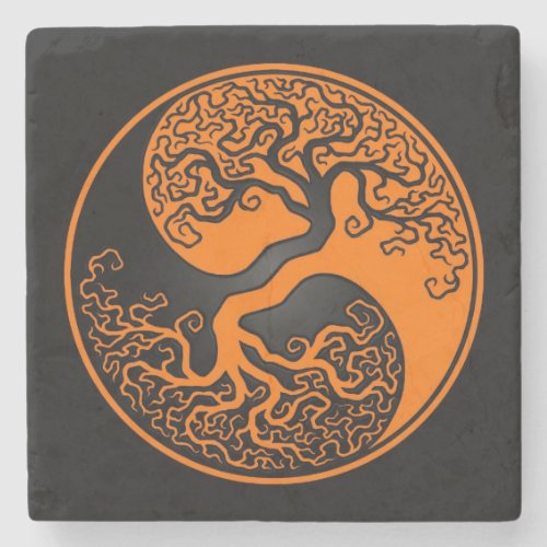 Orange and Black Tree of Life Yin Yang Stone Coaster