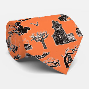 Orange and Black Vintage Halloween Pattern Neck Tie