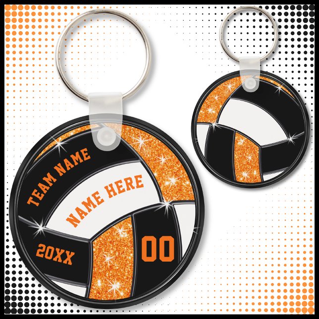 Orange and Black Volleyball Gifts for Players Keychain (Cheap Orange, Black and White, Volleyball Souvenirs. Personalized volleyball party favors.)