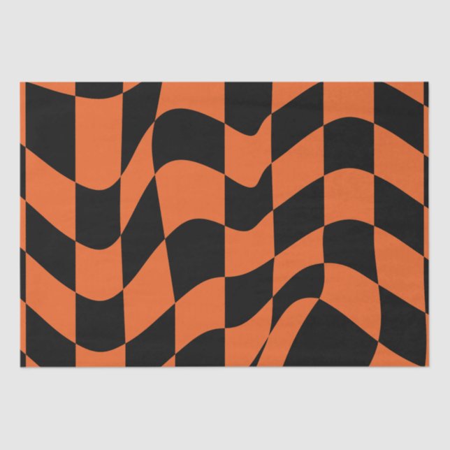 Orange and Black Warped Checkerboard Tissue Paper (Front)