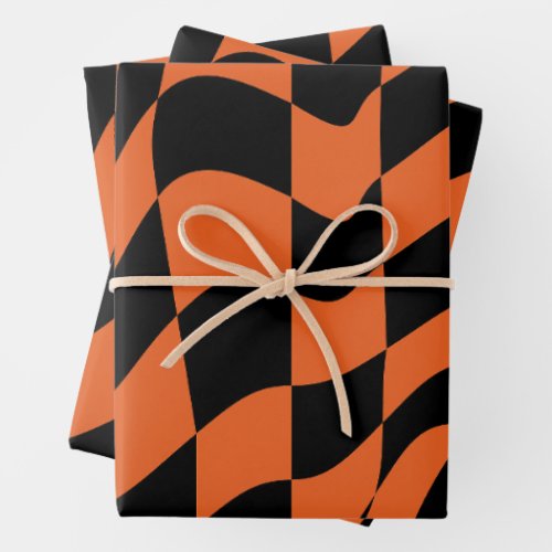 Orange and Black Warped Checkerboard Wrapping Paper Sheets