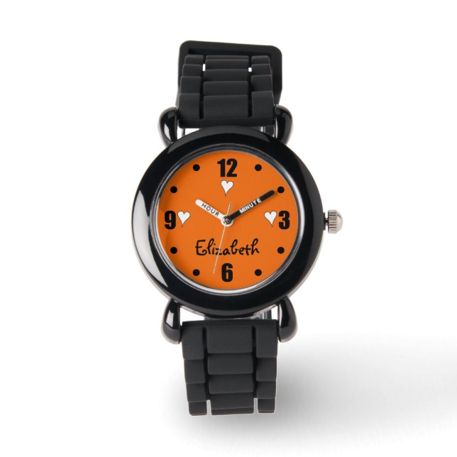 Orange and black with hearts and name watch (Front)
