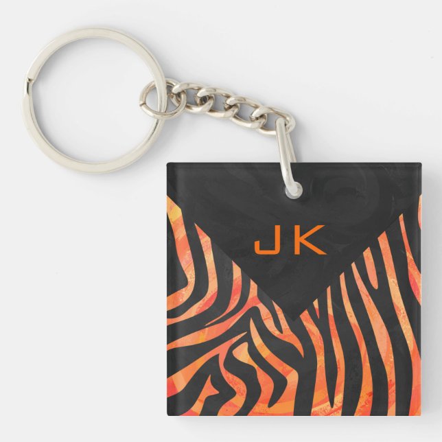 Orange and Black Zebra Monogram Keychain (Front)