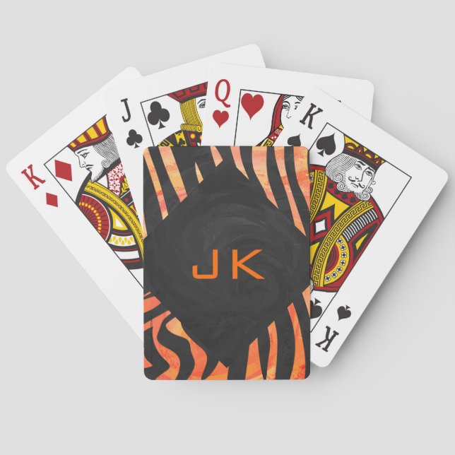 Orange and Black Zebra Monogram Poker Cards (Back)