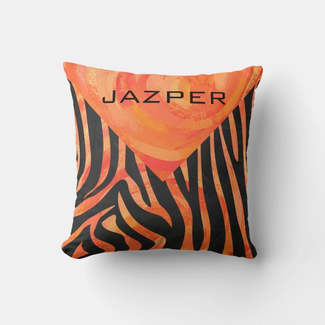 Orange and Black Zebra Monogram Throw Pillow (Front)