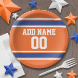 Orange and Blue Birthday Sports Jersey Paper Plates<br><div class="desc">If you are a Fantasy Football team owner,  make your own products and show off to your friends! Or - Do you play High School Football and want a memento? This sports design is perfect for any athlete playing soccer or baseball.</div>