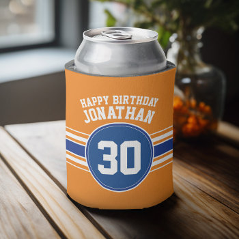 Orange And Blue Birthday Sports Theme Can Cooler by MyRazzleDazzle at Zazzle