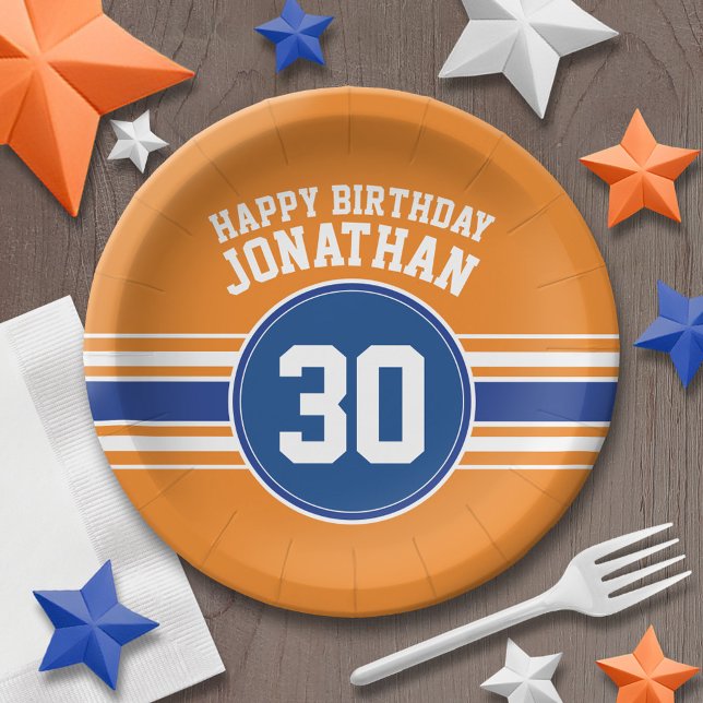 Orange and Blue Birthday Sports Theme Paper Plates (Personalized party plates - sports theme for birthday or any occasion)