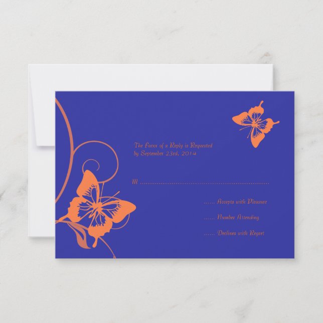 Orange and Blue Butterfly Wedding RSVP card (Front)