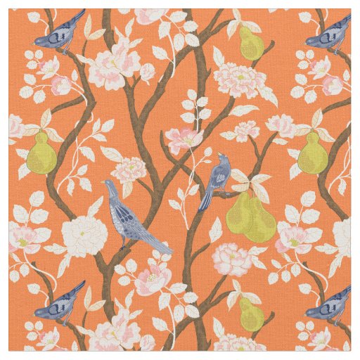 Orange and Blue Chinoiserie Birds Fabric
