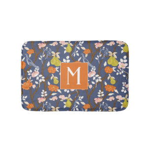 Orange and Blue Chinoiserie Birds Monogram Bath Mat