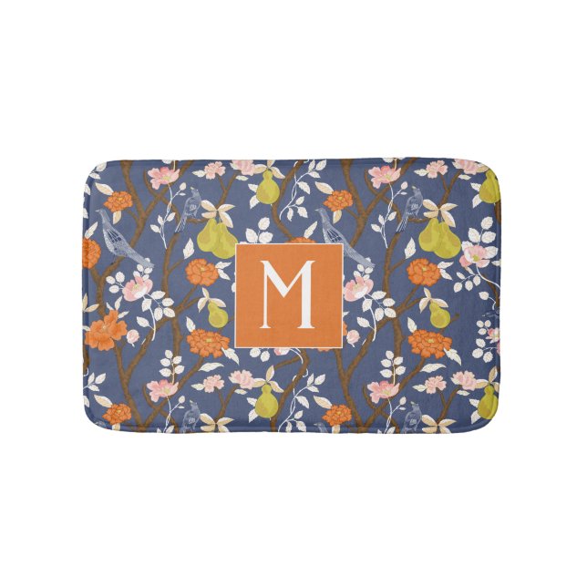 Orange and Blue Chinoiserie Birds Monogram Bath Mat (Front)