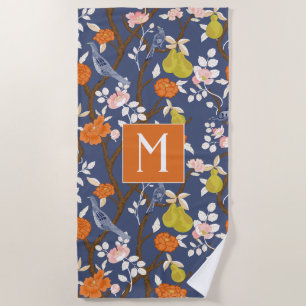 Orange and Blue Chinoiserie Birds Monogram Beach Towel