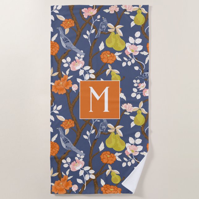 Orange and Blue Chinoiserie Birds Monogram Beach Towel (Front)