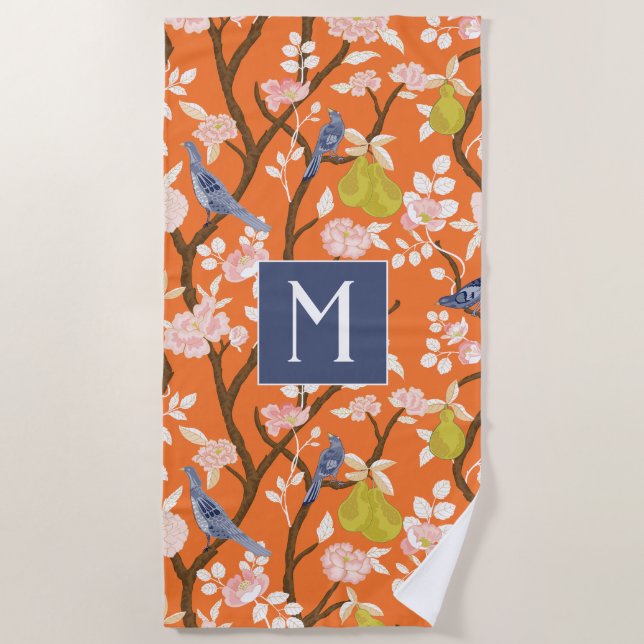 Orange and Blue Chinoiserie Birds Monogram Beach Towel (Front)