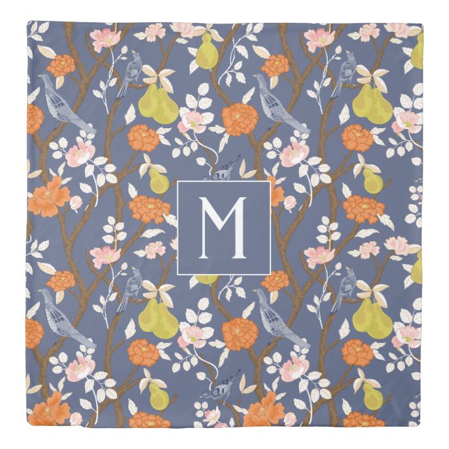 Orange and Blue Chinoiserie Birds Monogram Duvet Cover (Front)