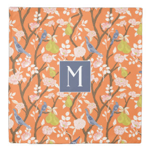 Orange and Blue Chinoiserie Birds Monogram Duvet Cover