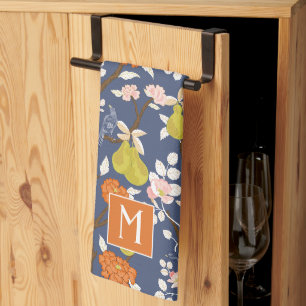 Orange and Blue Chinoiserie Birds Monogram Kitchen Towel