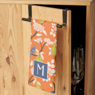 Orange and Blue Chinoiserie Birds Monogram Kitchen Towel
