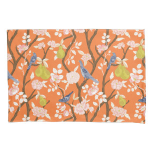 Orange and Blue Chinoiserie Birds Monogram Pillow Case