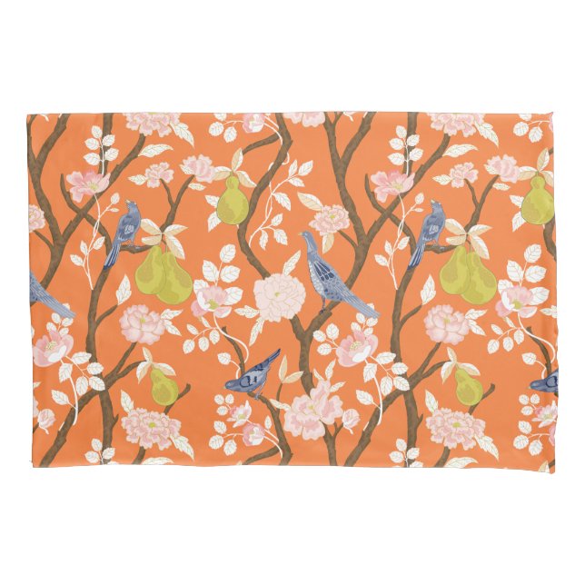 Orange and Blue Chinoiserie Birds Monogram Pillow Case (Front)