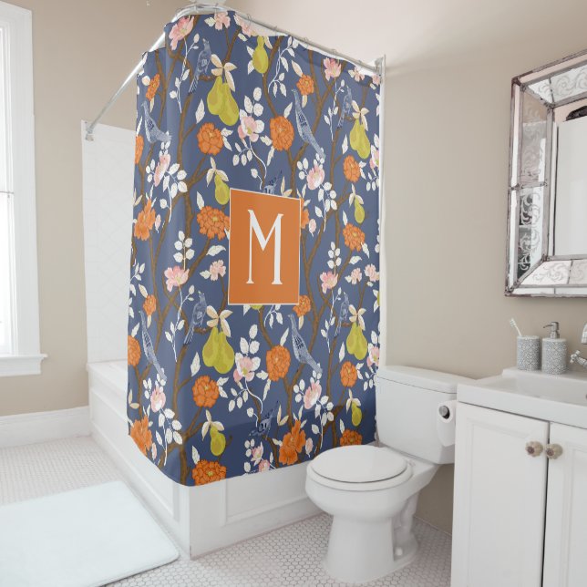 Orange and Blue Chinoiserie Birds Monogram Shower Curtain (In Situ)