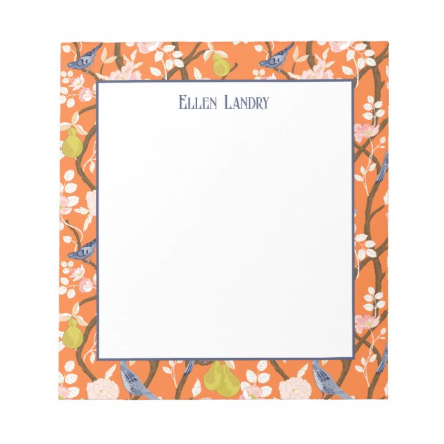 Orange and Blue Chinoiserie Birds Notepad (Front)