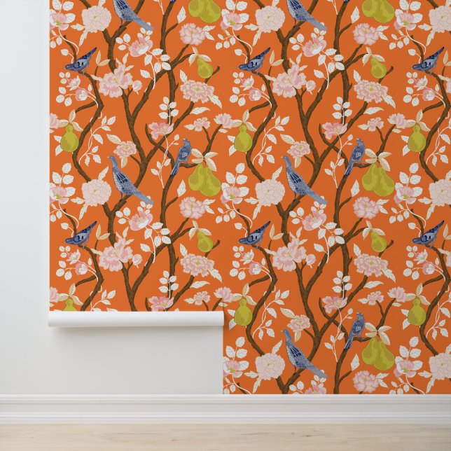 Orange and Blue Chinoiserie Birds Wallpaper (Application)