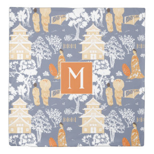 Orange and Blue Chinoiserie Pagodas Monogram Duvet Cover
