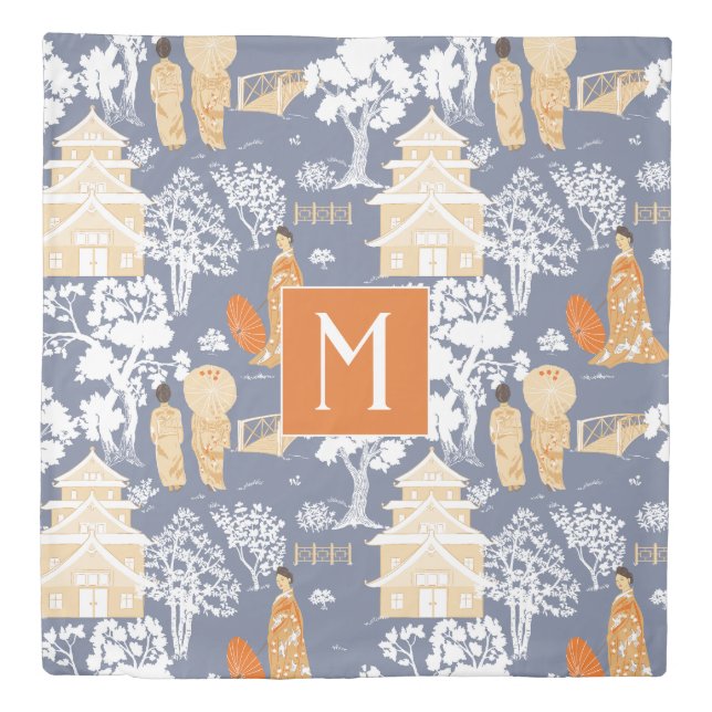 Orange and Blue Chinoiserie Pagodas Monogram Duvet Cover (Front)